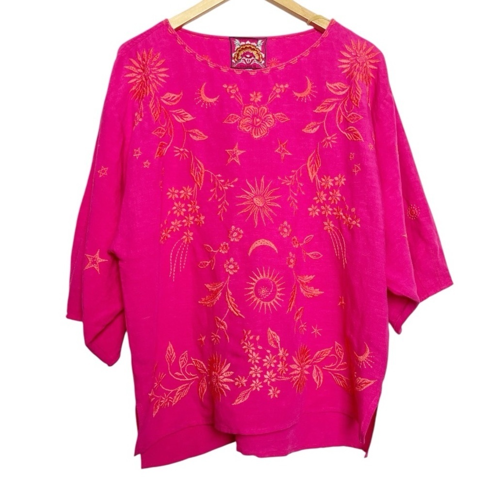 Johnny Was Linen Top Tunic Pink Orange Embroidery Oversized Small